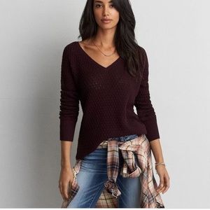 AEO Vneck Textured Sweater Maroon